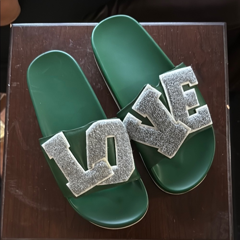 Tory Burch Green Slide Sandals with LOVE Detail